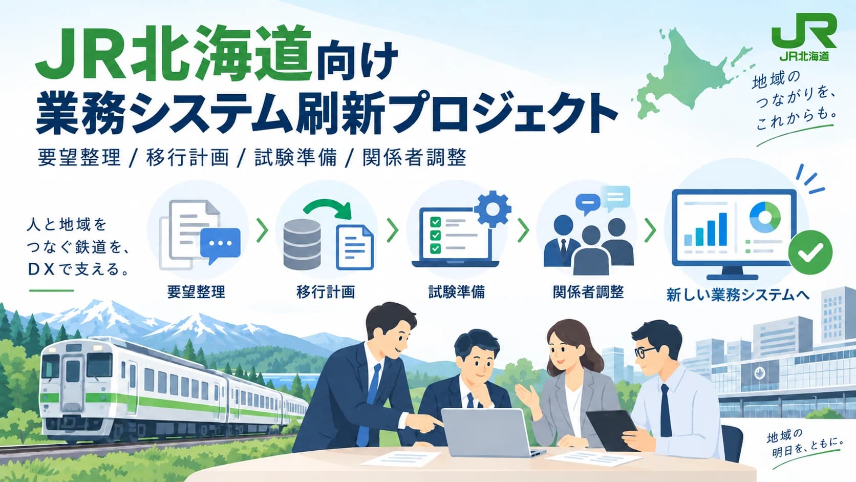 JR北海道向け業務システム刷新支援のイメージ。要望整理、移行計画、試験準備、関係者調整を示す図
